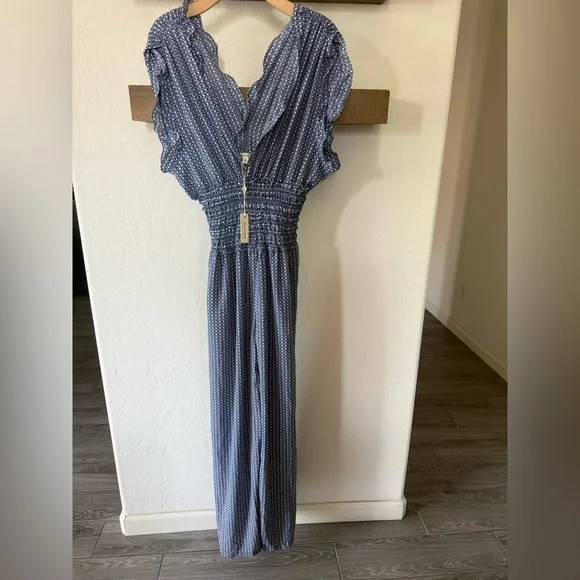 Max Studio|Blue Polka Dot Women's Wide leg jumpsuit w smocking•••NWT,Boho style - Picture 4 of 15